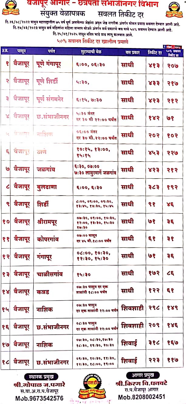 vaijapur bus stand time table with ticket price